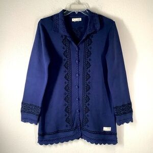 ODD MOLLY Embroidered Cotton Cardigan XL Longline Button Front Blue Cottagecore